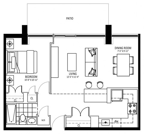 Floor plan for 1 bed, 1 bath, 600 sqft